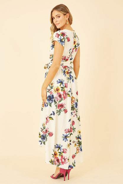 Mela Ivory Floral Wrap Dip Hem Dress
