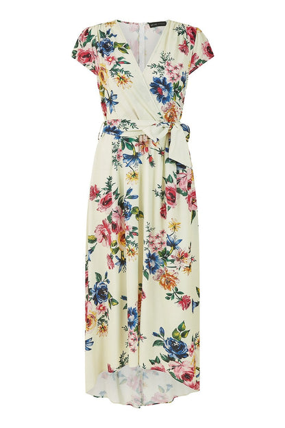 Mela Ivory Floral Wrap Dip Hem Dress
