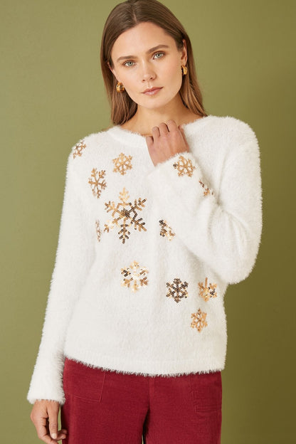 Mela Ivory Sequin Snowflake Fluffy Jumper