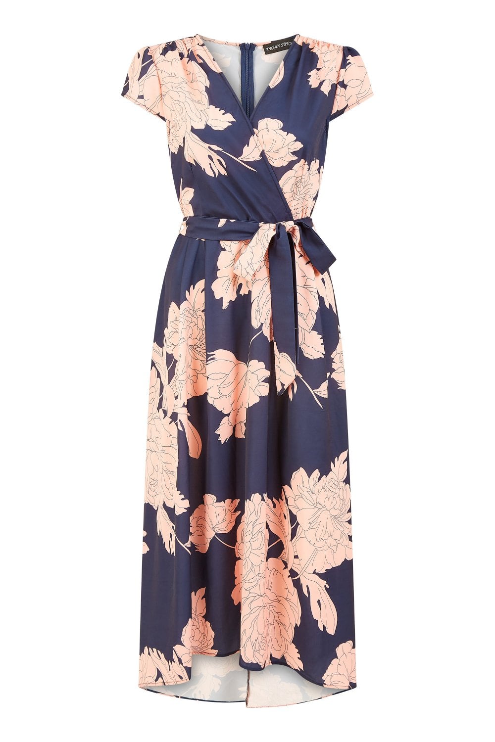 Mela Navy Blossom Print Wrap Midi With Dipped Hem