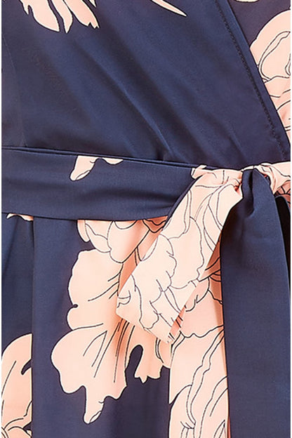Mela Navy Blossom Print Wrap Midi With Dipped Hem