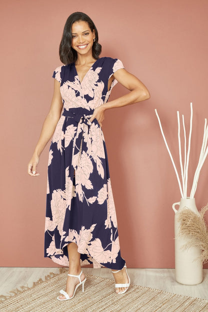 Mela Navy Blossom Print Wrap Midi With Dipped Hem