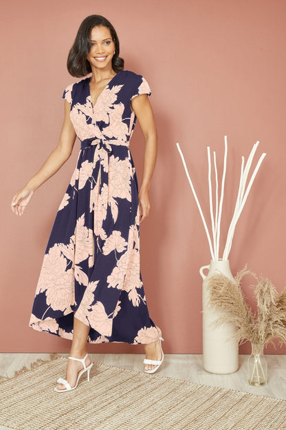 Mela Navy Blossom Print Wrap Midi With Dipped Hem