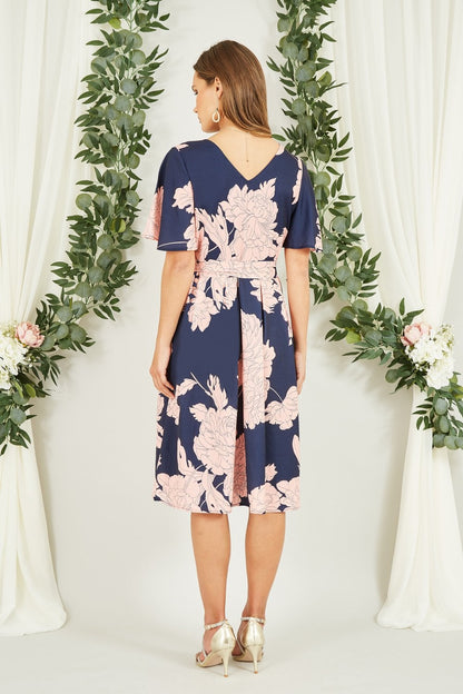 Mela Navy Blossom Print Wrap Skater Dress