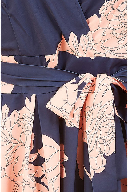 Mela Navy Blossom Print Wrap Skater Dress