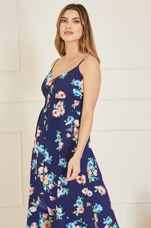 Mela Navy Floral High Low Frill Midi Dress
