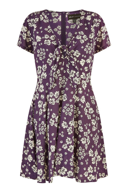 Mela Navy Floral Mini Skater Dress With Tie Front