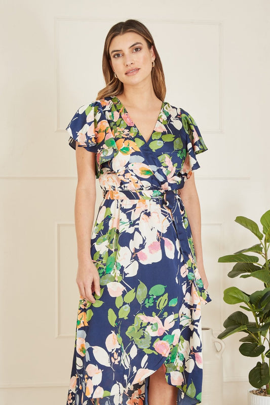 Mela Navy Floral Satin Wrap Over Midi Dress With Frill Sleeve