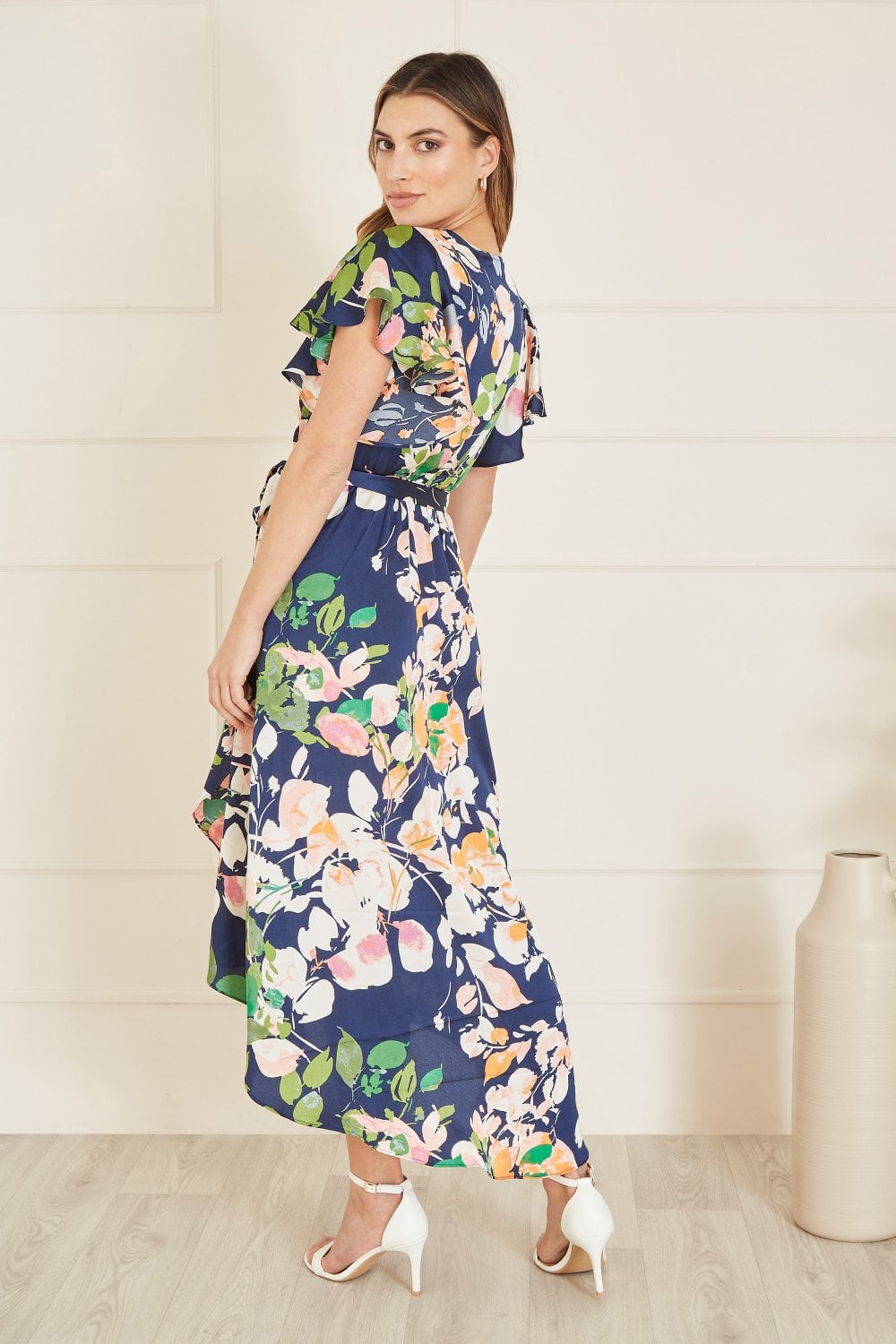 Mela Navy Floral Satin Wrap Over Midi Dress With Frill Sleeve