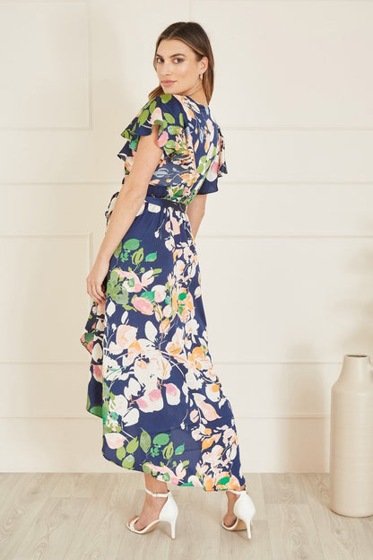 Mela Navy Floral Satin Wrap Over Midi Dress With Frill Sleeve