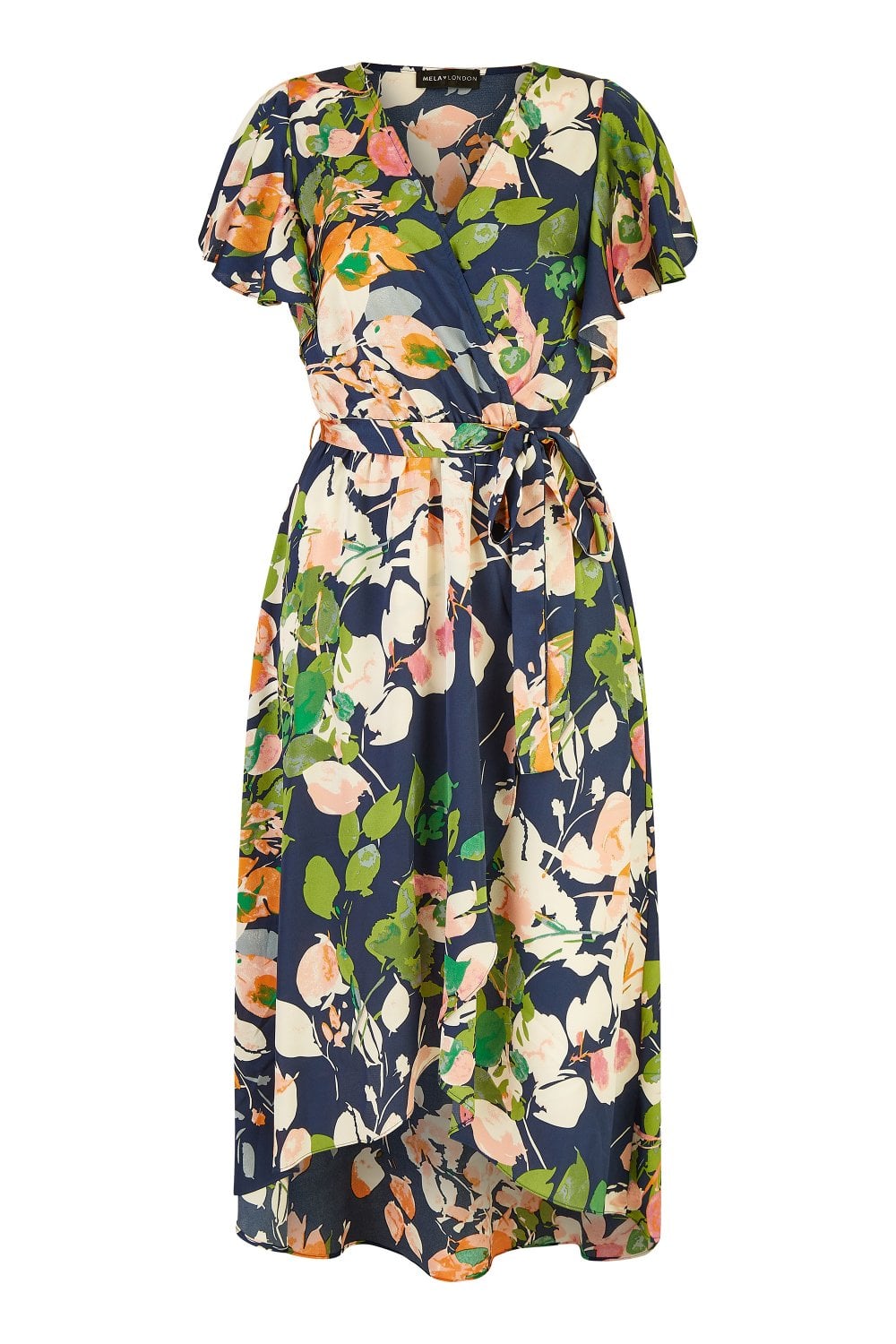 Mela Navy Floral Satin Wrap Over Midi Dress With Frill Sleeve
