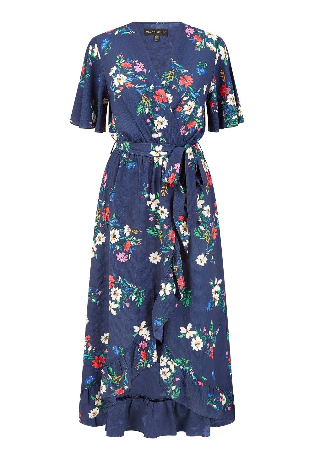Mela Navy Floral Wrap Dress With Frill Hem