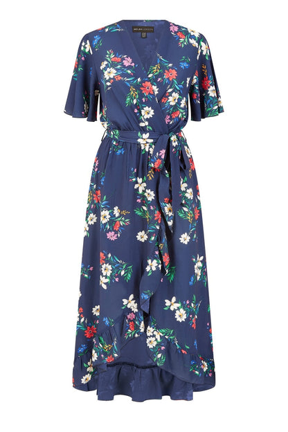 Mela Navy Floral Wrap Dress With Frill Hem