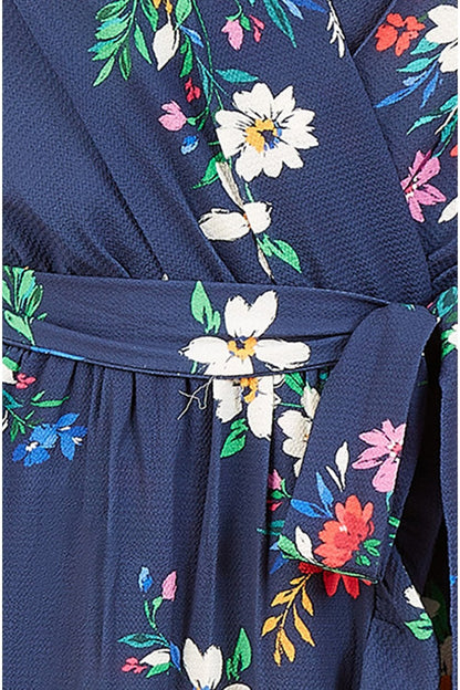 Mela Navy Floral Wrap Dress With Frill Hem