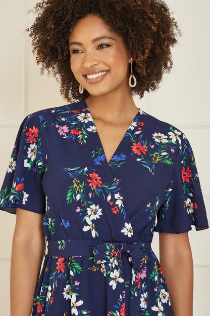 Mela Navy Floral Wrap Dress With Frill Hem
