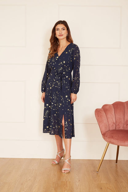 Mela Navy Foil Star Print Long Sleeve Midi