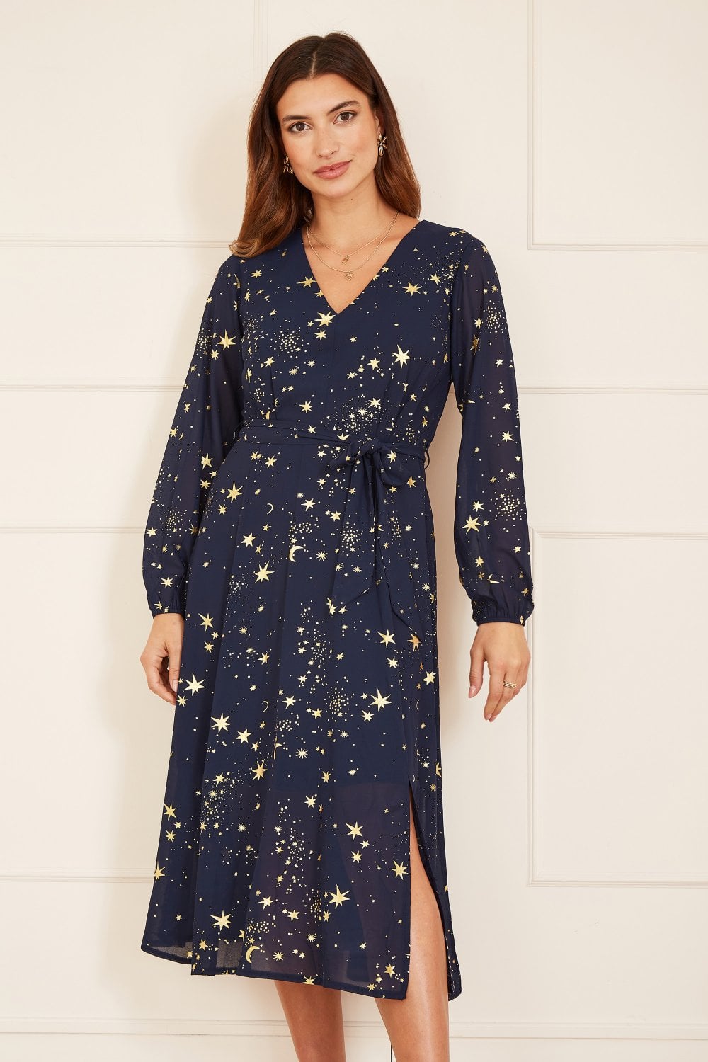Mela Navy Foil Star Print Long Sleeve Midi