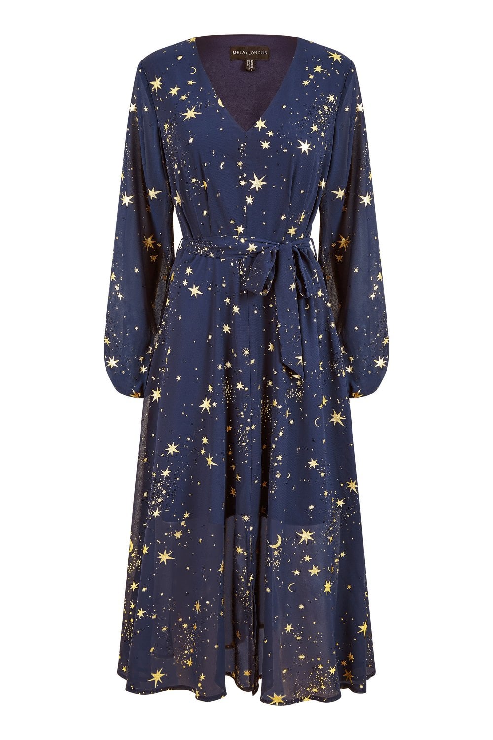 Mela Navy Foil Star Print Long Sleeve Midi