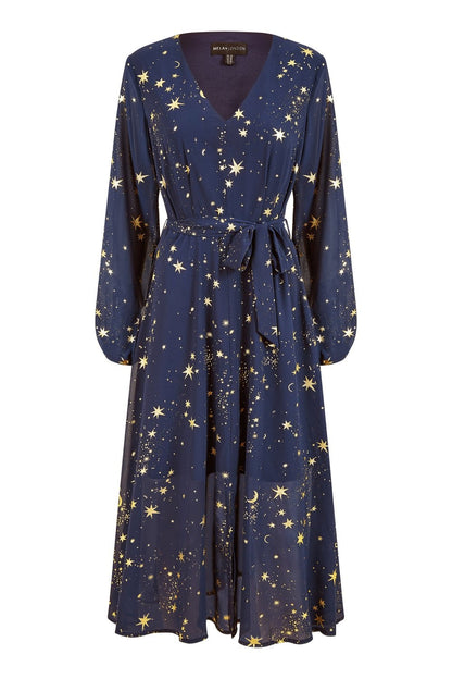 Mela Navy Foil Star Print Long Sleeve Midi