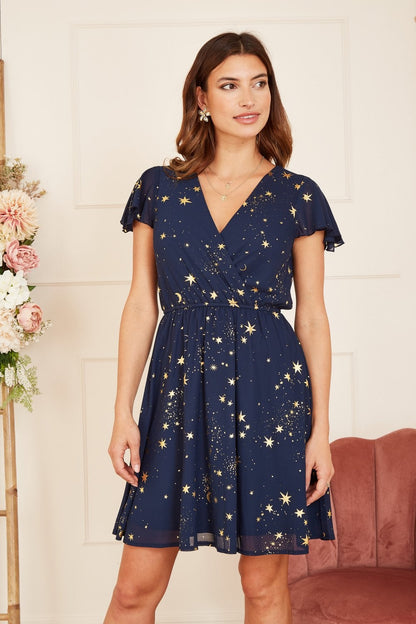 Mela Navy Foil Star Print Wrap Skater Dress