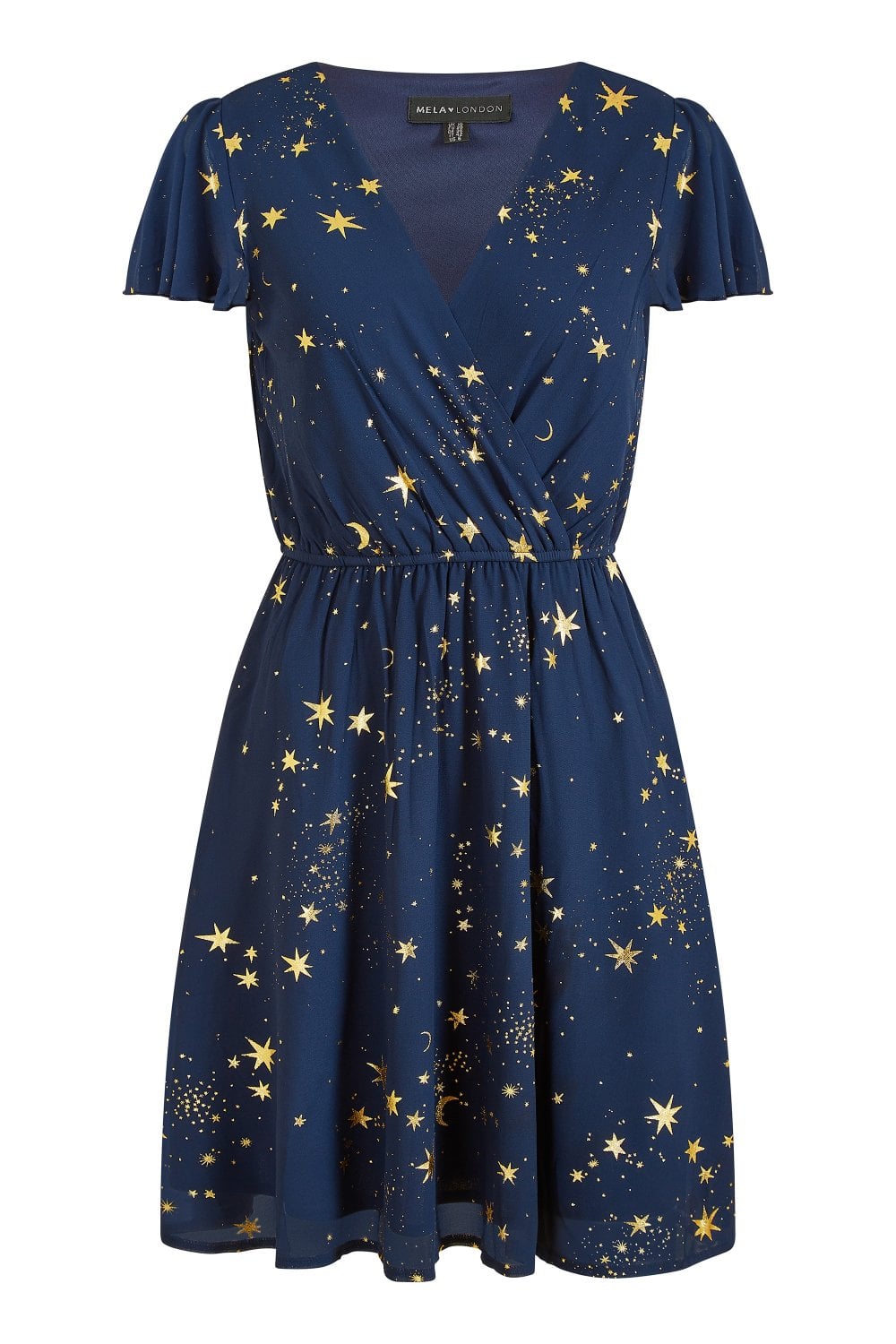 Mela Navy Foil Star Print Wrap Skater Dress