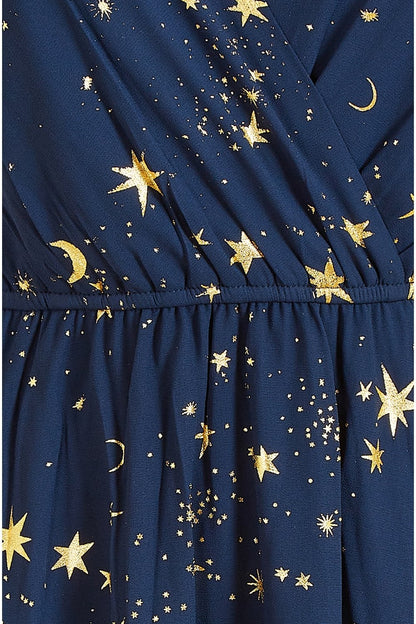 Mela Navy Foil Star Print Wrap Skater Dress