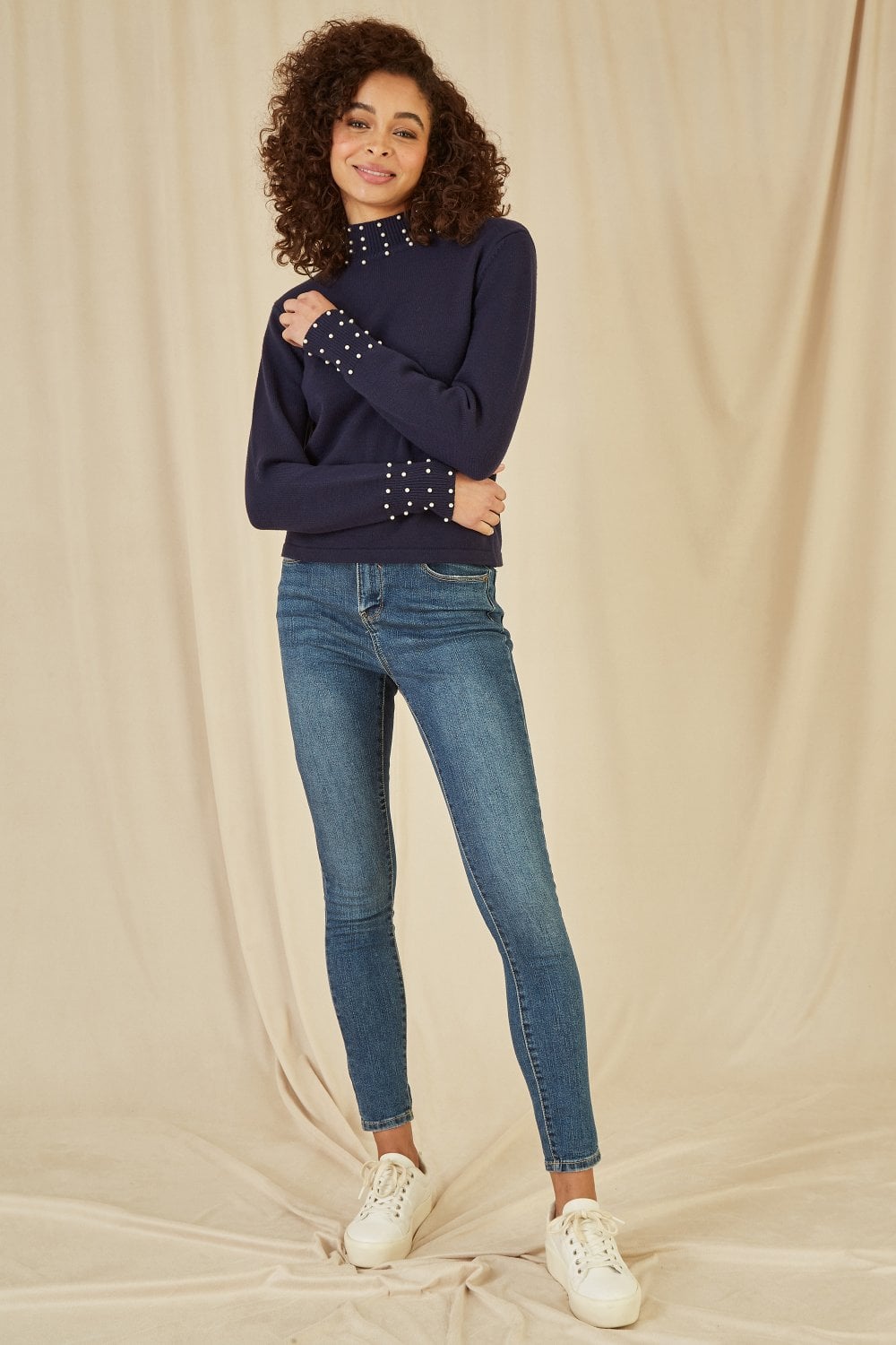 Mela Navy Pearl Detail High Neck Jumper
