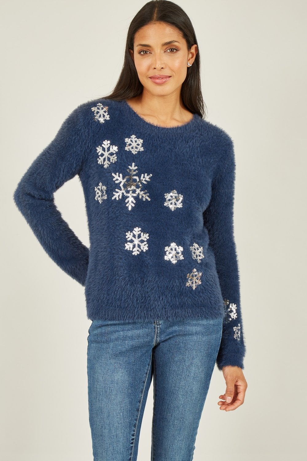 Mela Navy Sequin Snowflake Fluffy Jumper