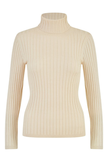 Mela Oatmeal Ribbed Knit Roll Neck Jumper