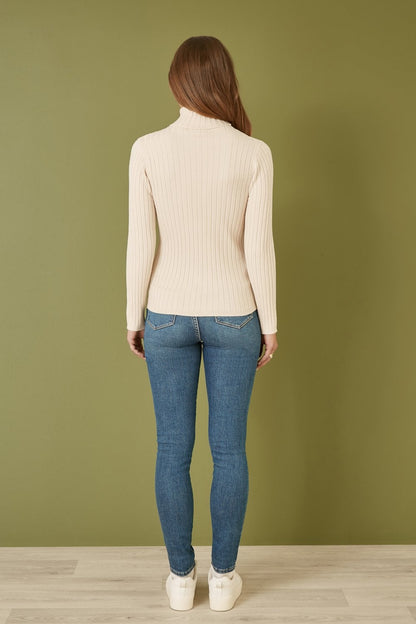 Mela Oatmeal Ribbed Knit Roll Neck Jumper