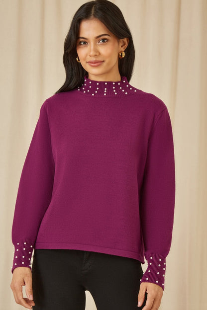 Mela Plum Pearl Detail High Neck Jumper