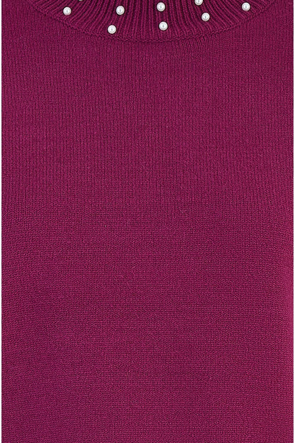 Mela Plum Pearl Detail High Neck Jumper