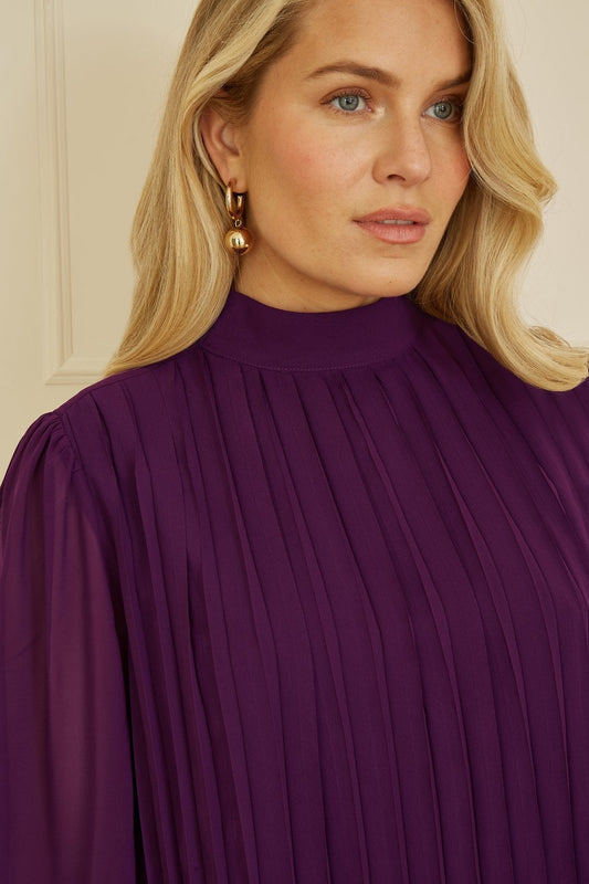Mela Plum Pleated Long Sleeve Top With High Neck