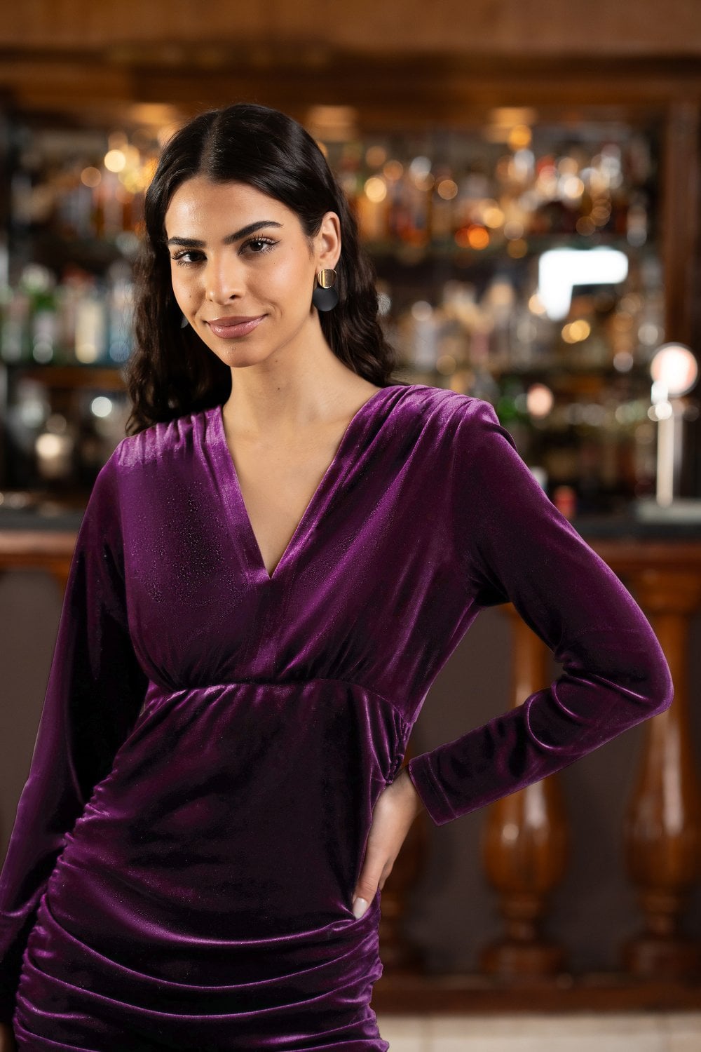 Mela Plum Velvet Fitted Long Sleeve Mini Dress