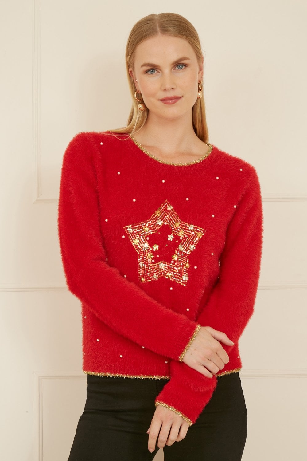 Mela Red Fluffy Star Christmas Jumper