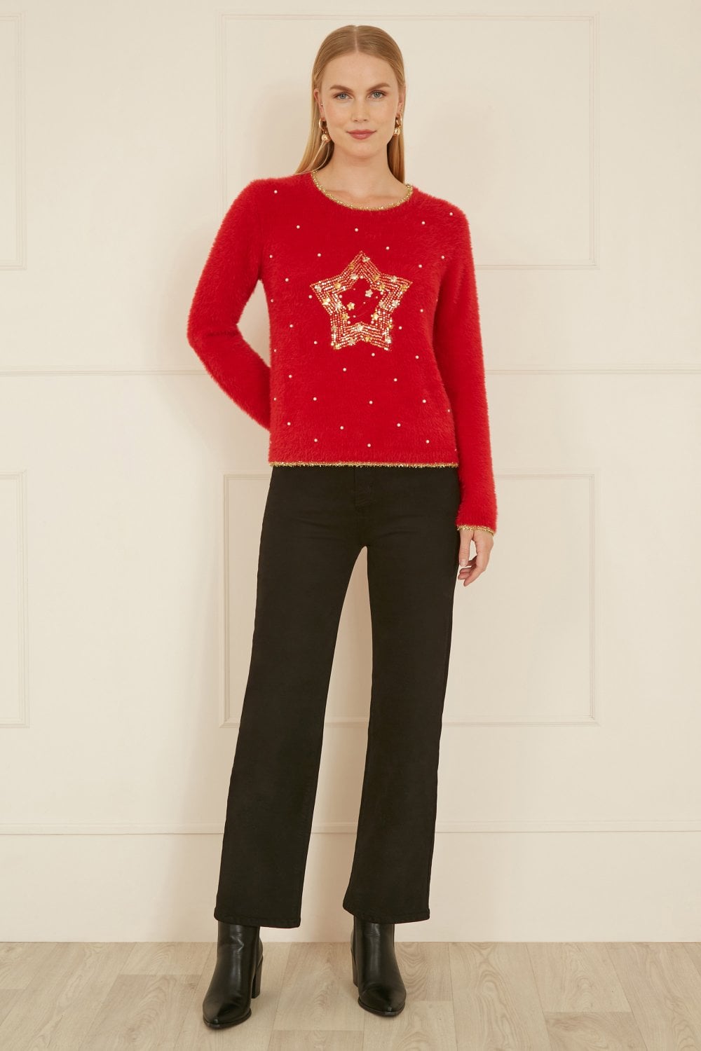 Mela Red Fluffy Star Christmas Jumper