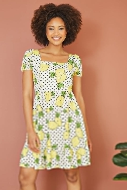 Mela White Viscose Lemon Print Skater Dress With Balloon Sleeves