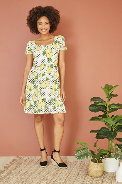 Mela White Viscose Lemon Print Skater Dress With Balloon Sleeves