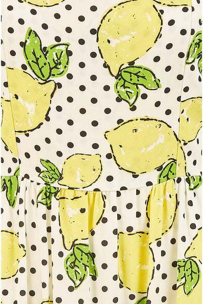 Mela White Viscose Lemon Print Skater Dress With Balloon Sleeves