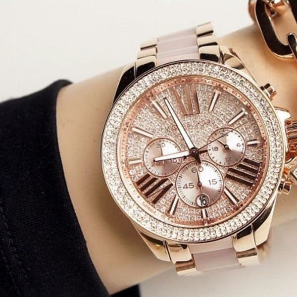 Michael Kors Women’s Watch Stainless Steel Rose Gold Strap With Pave Crystal Dial MK6096