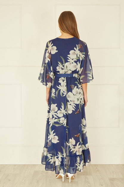 Navy Floral Kimono Sleeves Dip Hem Wrap Midi Dress