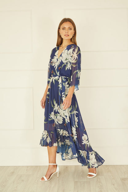 Navy Floral Kimono Sleeves Dip Hem Wrap Midi Dress
