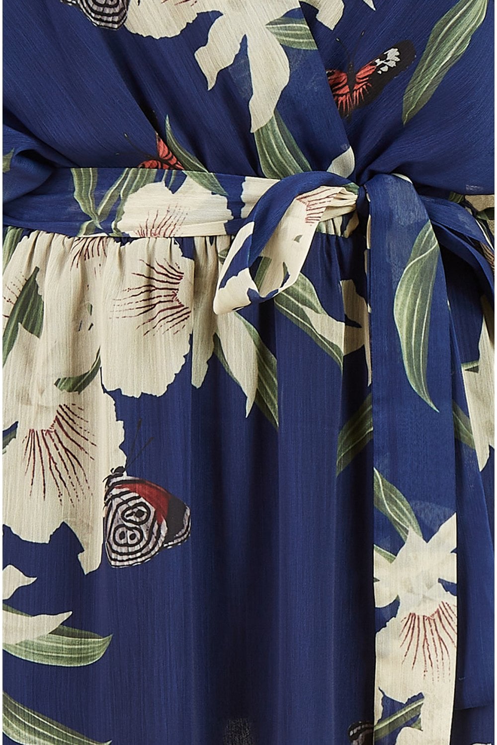 Navy Floral Kimono Sleeves Dip Hem Wrap Midi Dress