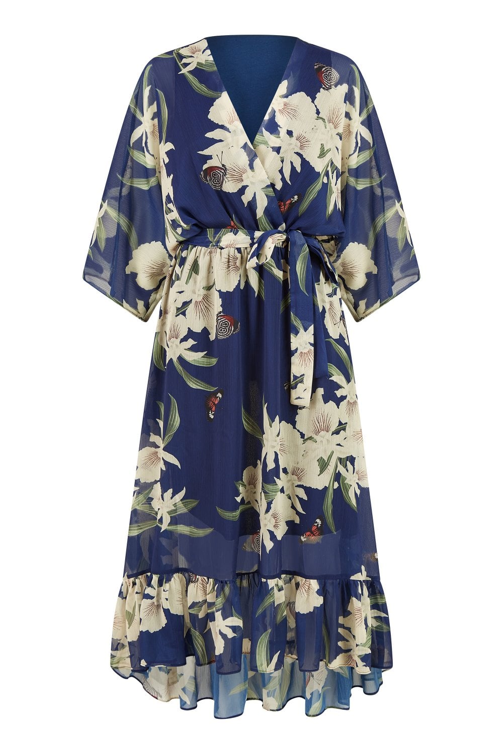 Navy Floral Kimono Sleeves Dip Hem Wrap Midi Dress