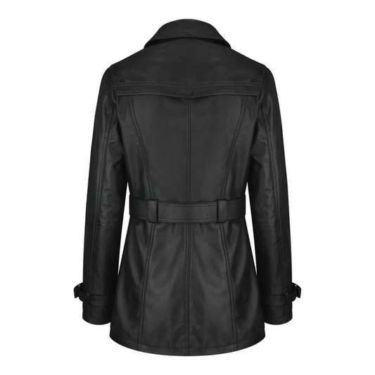 Women's Leather Belted Trench Car Coat | Black