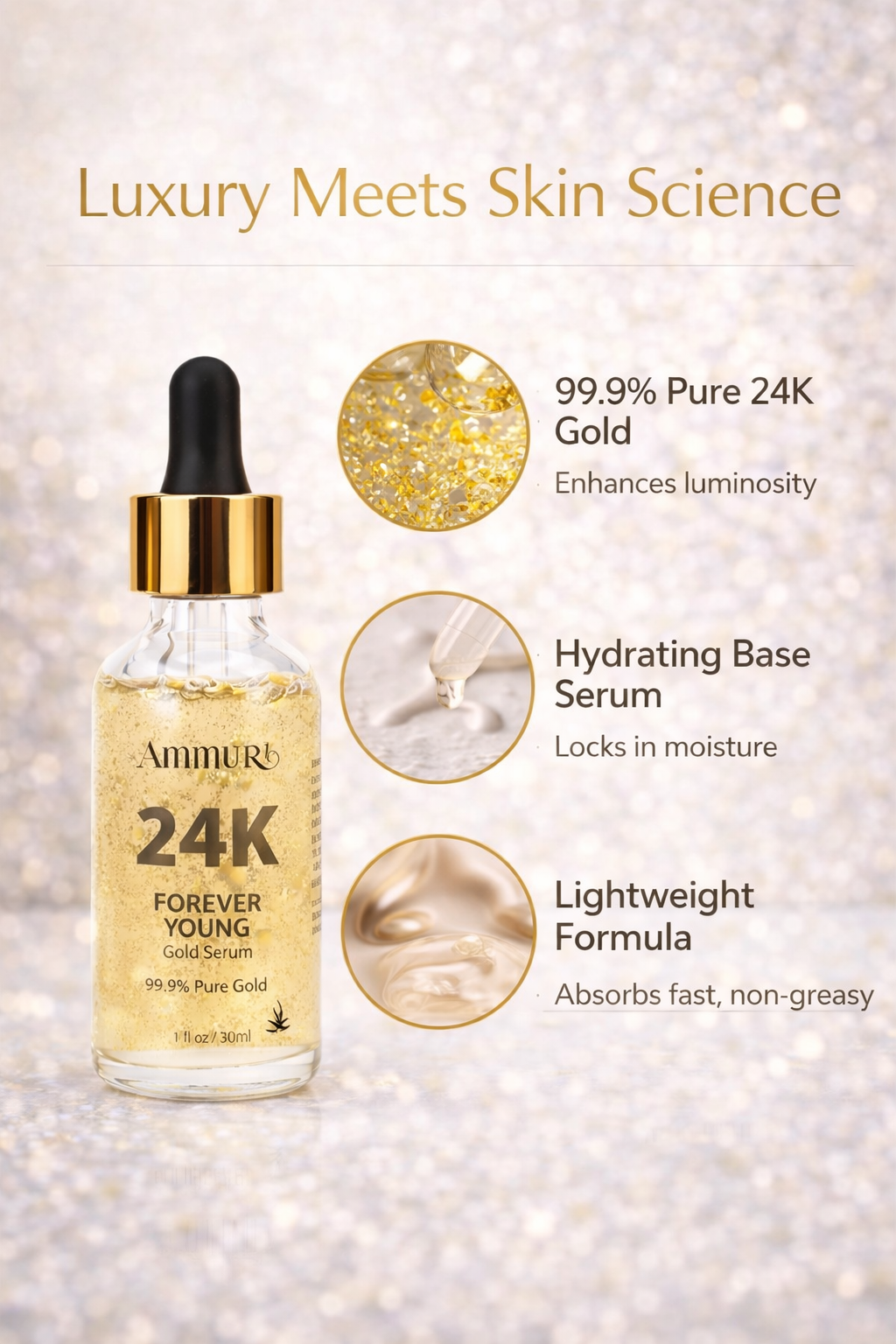 Ammuri 24K Gold Face Serum - Anti-Aging Collagen Booster Dark Circle Treatment