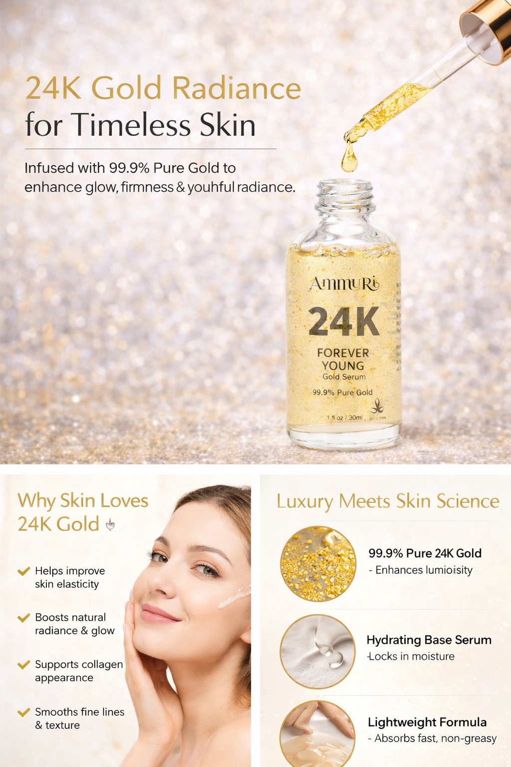 Ammuri 24K Gold Face Serum - Anti-Aging Collagen Booster Dark Circle Treatment