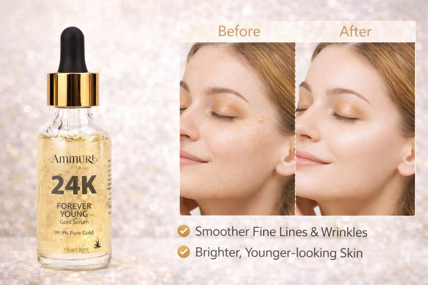 Ammuri 24K Gold Face Serum - Anti-Aging Collagen Booster Dark Circle Treatment