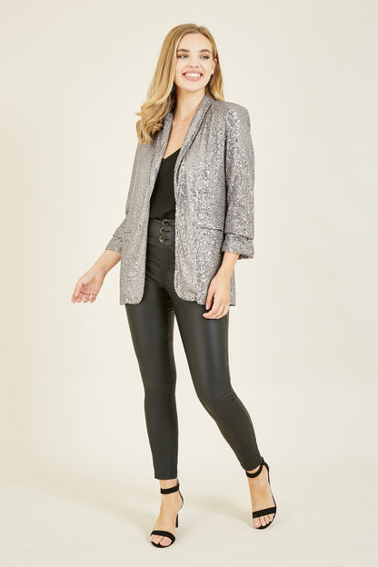 Silver Sequin Blazer With Pockets