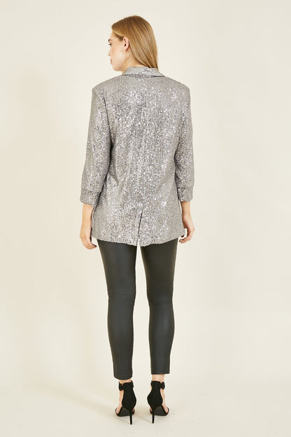 Silver Sequin Blazer With Pockets